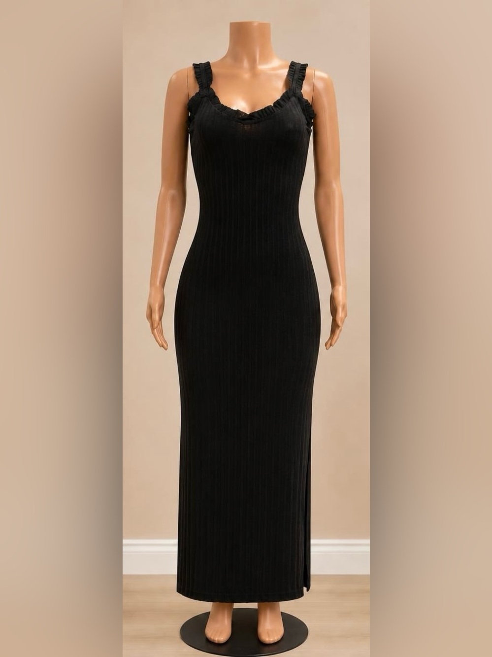 OOTDFash Black Ribbed Ruffle Strap Bodycon Maxi Dress Slit S NWT